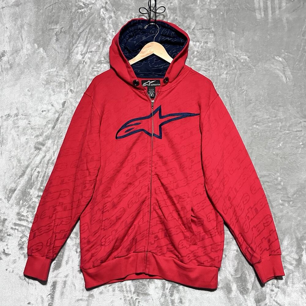 Vintage Alpinestars Full Zip Fleece Hoodie Sweatshirt Mens M Red All Over Print